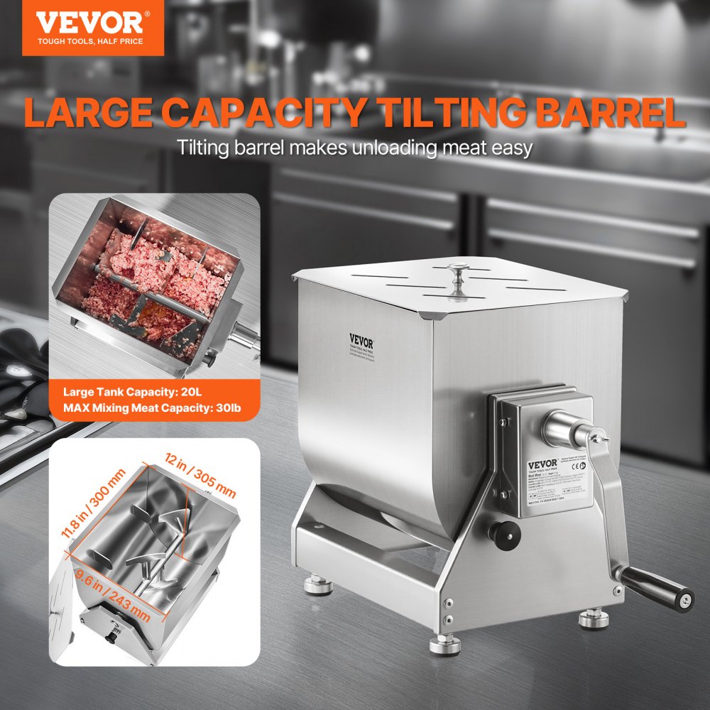 VEVOR Mezcladora de Carne Manual Tanque Basculante Equipo de Procesamiento de Carne Mezcla Máxima de 13,6 kg Mezcladora de Salchichas de Acero Inoxidable con Tapa, Manija, Reductor de Engranajes