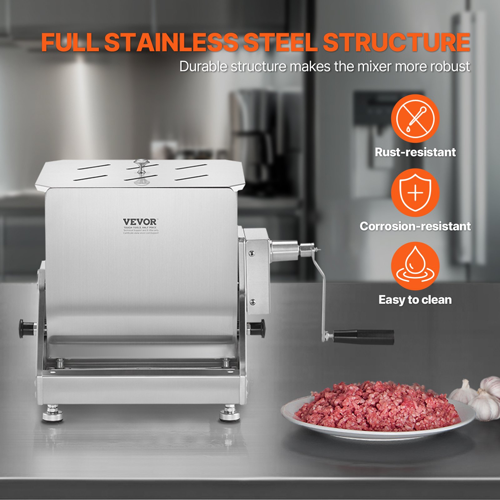 VEVOR Mezcladora de Carne Manual Tanque Basculante Equipo de Procesamiento de Carne Mezcla Máxima de 13,6 kg Mezcladora de Salchichas de Acero Inoxidable con Tapa, Manija, Reductor de Engranajes