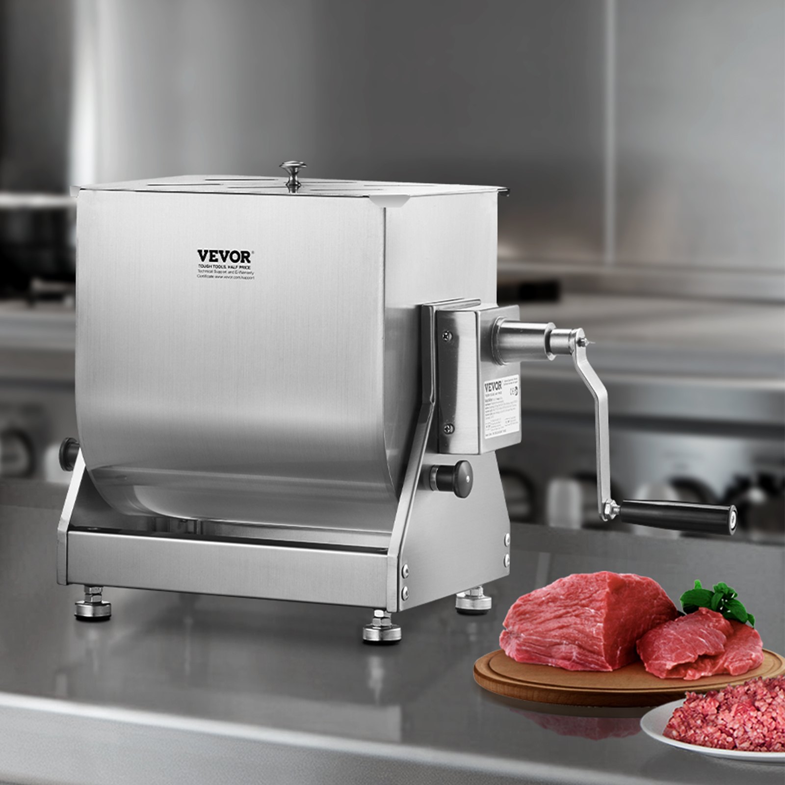 VEVOR Mezcladora de Carne Manual Tanque Basculante Equipo de Procesamiento de Carne Mezcla Máxima de 13,6 kg Mezcladora de Salchichas de Acero Inoxidable con Tapa, Manija, Reductor de Engranajes