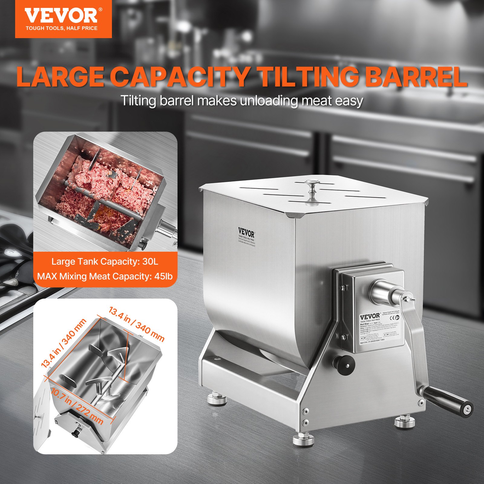 VEVOR Mezcladora de Carne Manual Tanque Basculante Equipo de Procesamiento de Carne Mezcla Máxima de 20,4 kg Mezcladora de Salchichas de Acero Inoxidable con Tapa, Manija, Reductor de Engranajes