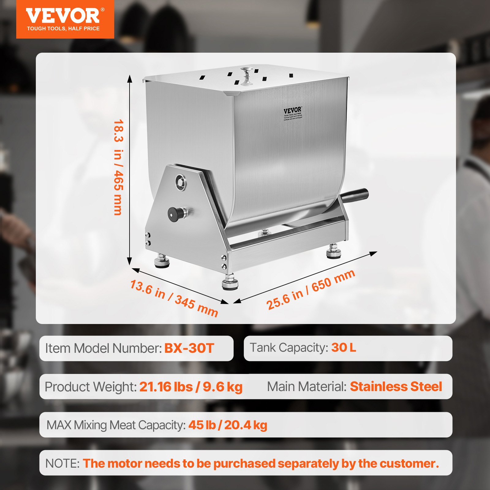 VEVOR Mezcladora de Carne Manual Tanque Basculante Equipo de Procesamiento de Carne Mezcla Máxima de 20,4 kg Mezcladora de Salchichas de Acero Inoxidable con Tapa, Manija, Reductor de Engranajes