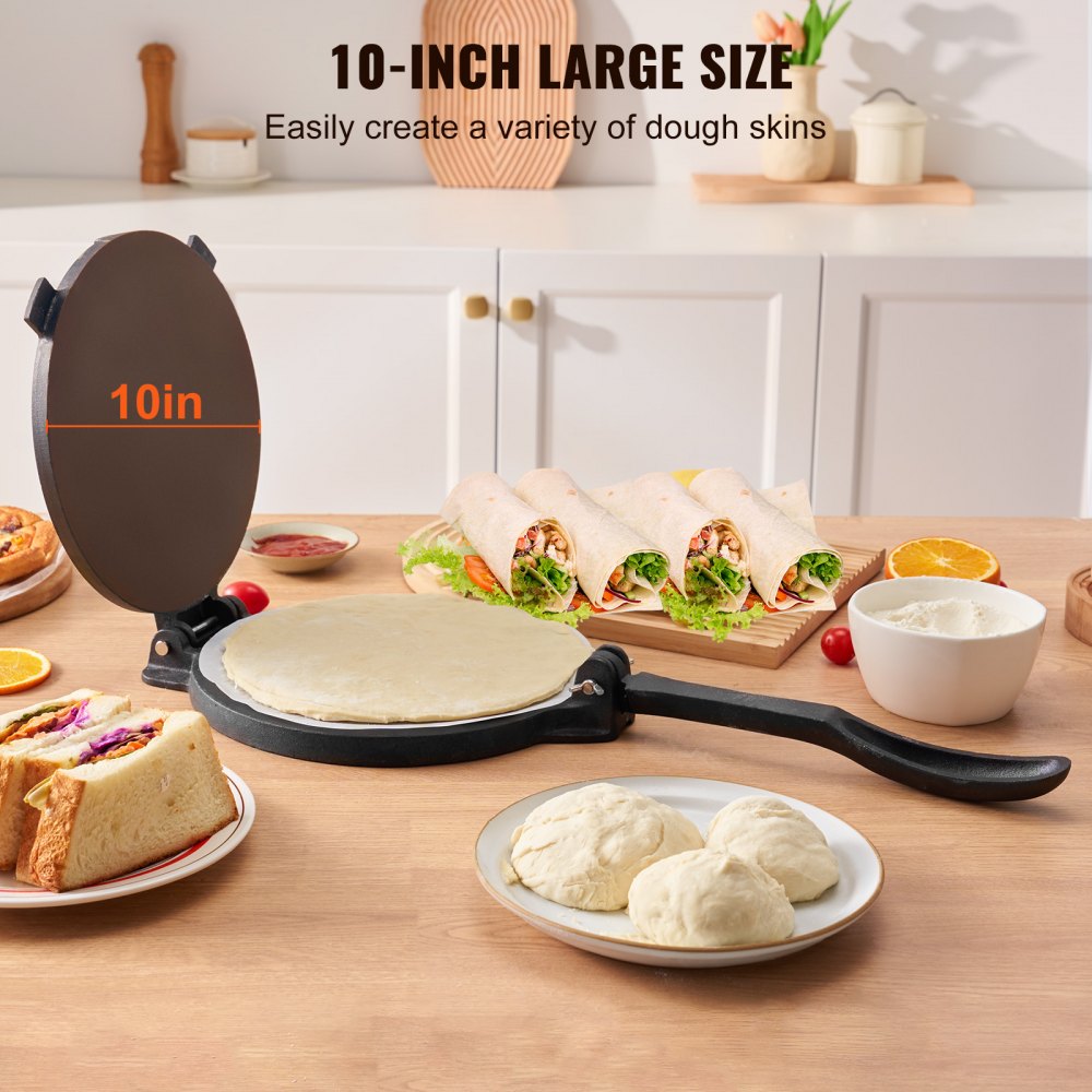 VEVOR Prensa para Tortillas de Hierro Fundido Prensa para Tacos 25 cm Máquina para Hacer Tortillas pre-sazonada con 100 Piezas de Papel Pergamino, Máquina para Masa para Tortillas de Harina, Negro