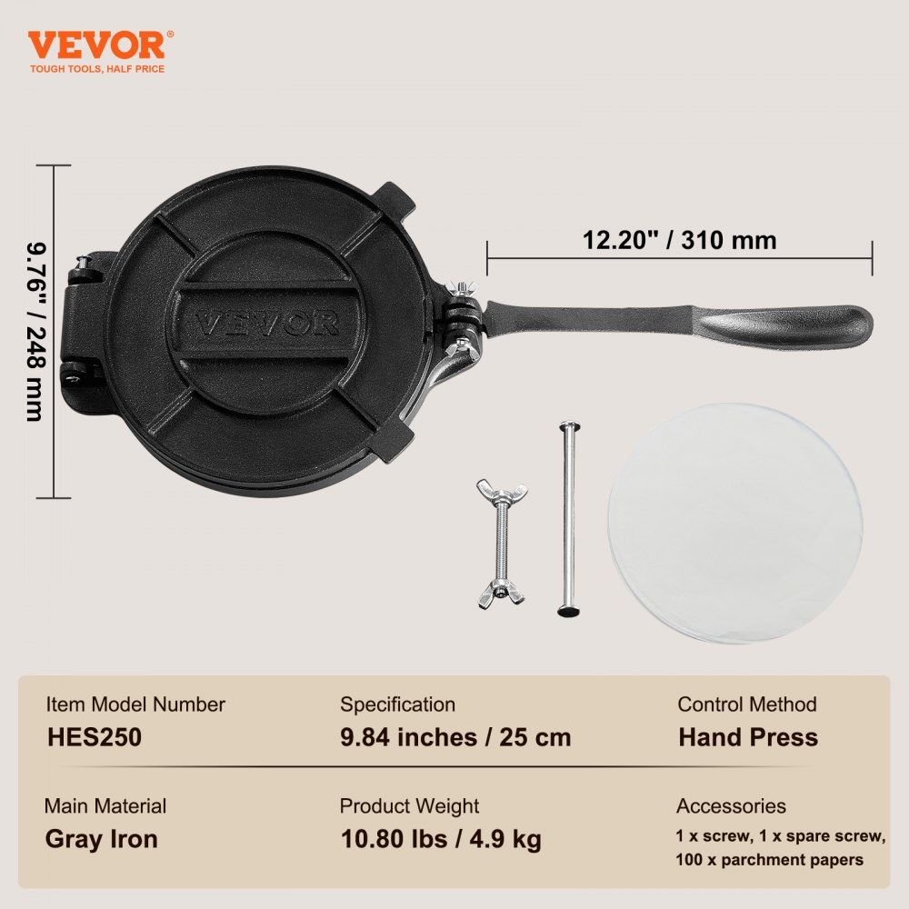 VEVOR Prensa para Tortillas de Hierro Fundido Prensa para Tacos 25 cm Máquina para Hacer Tortillas pre-sazonada con 100 Piezas de Papel Pergamino, Máquina para Masa para Tortillas de Harina, Negro