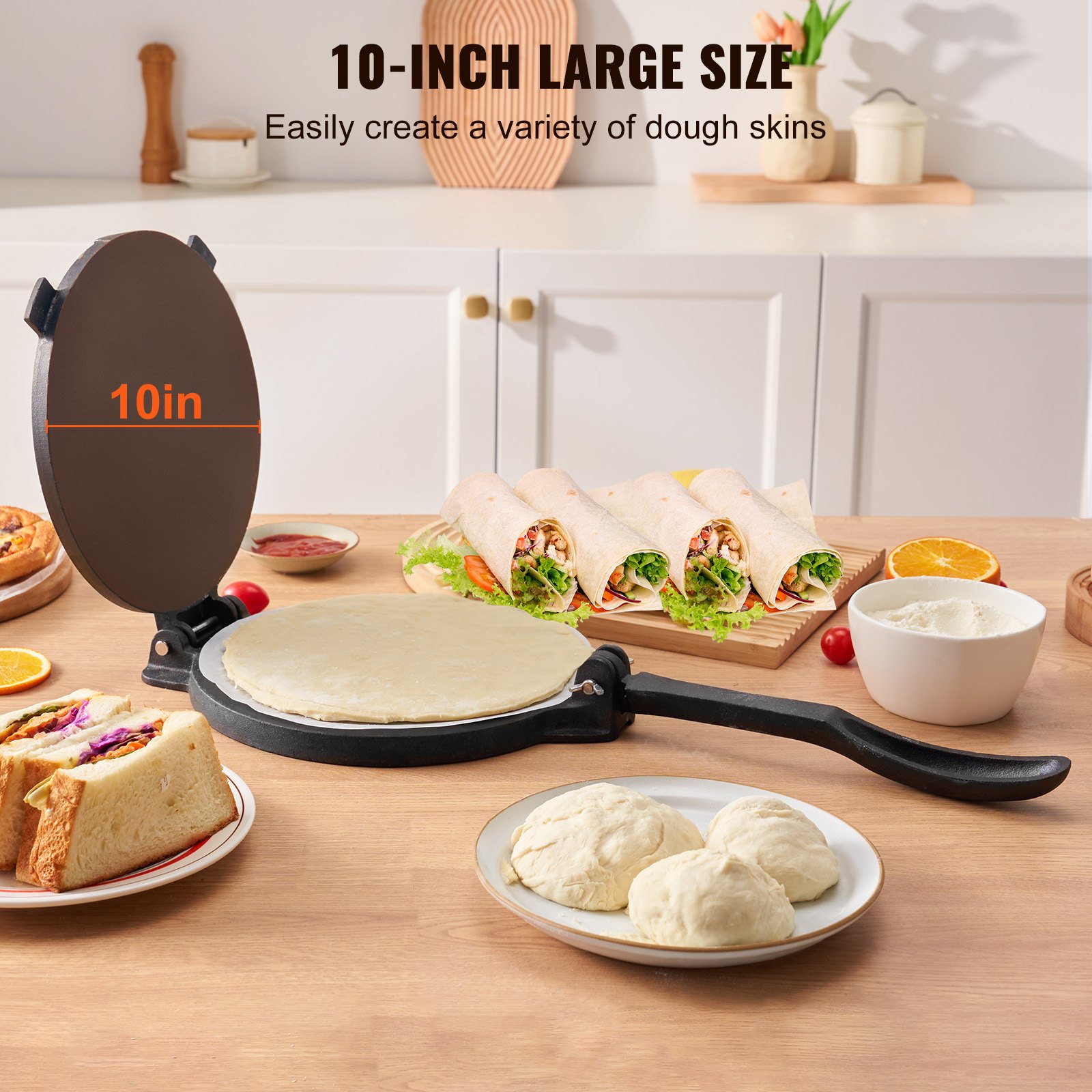 VEVOR Prensa para Tortillas de Hierro Fundido Prensa para Tacos 25 cm Máquina para Hacer Tortillas pre-sazonada con 100 Piezas de Papel Pergamino, Máquina para Masa para Tortillas de Harina, Negro
