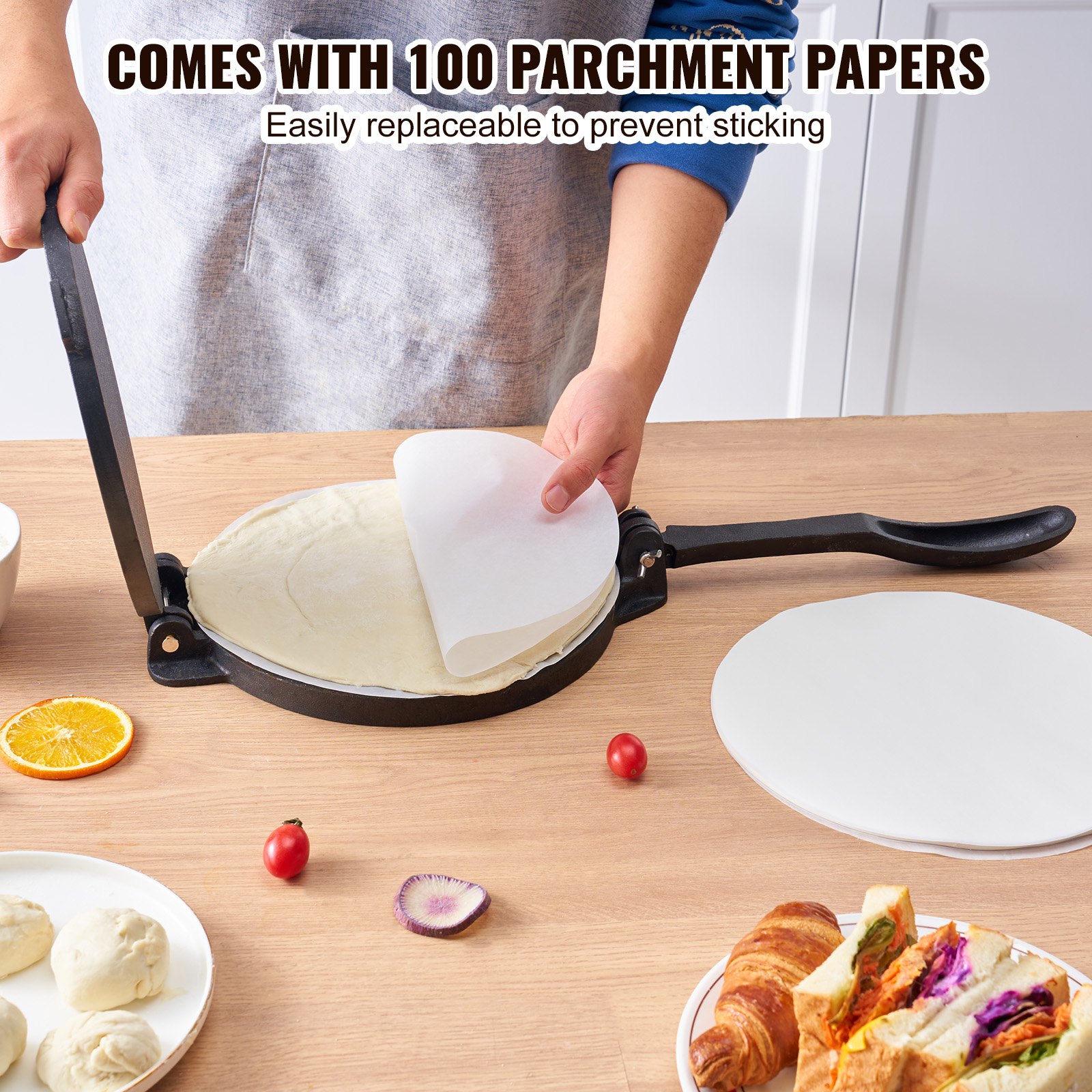 VEVOR Prensa para Tortillas de Hierro Fundido Prensa para Tacos 25 cm Máquina para Hacer Tortillas pre-sazonada con 100 Piezas de Papel Pergamino, Máquina para Masa para Tortillas de Harina, Negro