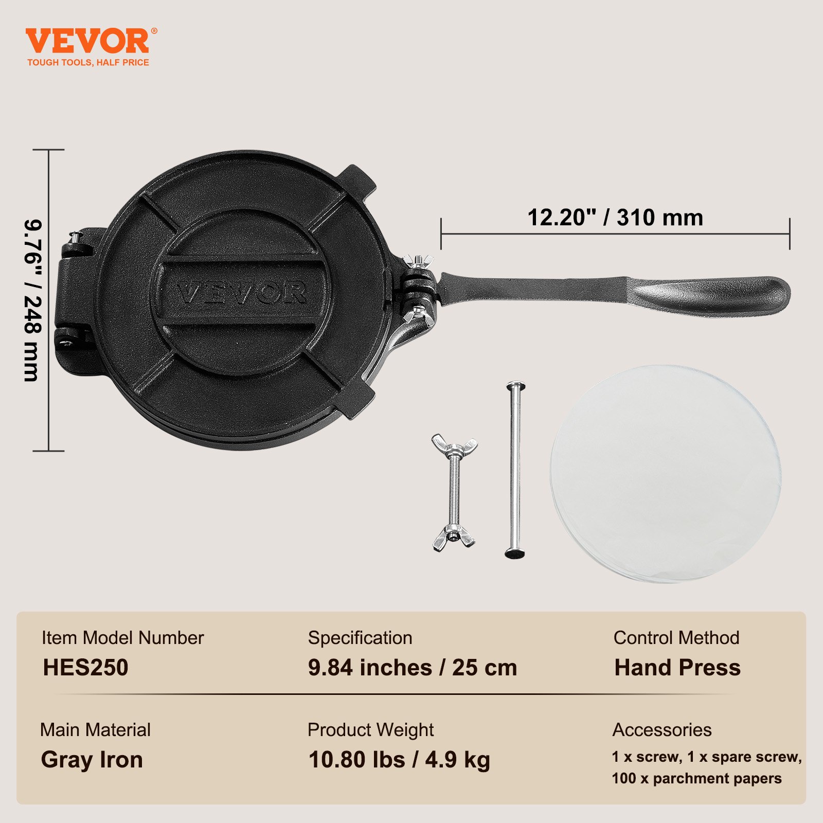 VEVOR Prensa para Tortillas de Hierro Fundido Prensa para Tacos 25 cm Máquina para Hacer Tortillas pre-sazonada con 100 Piezas de Papel Pergamino, Máquina para Masa para Tortillas de Harina, Negro