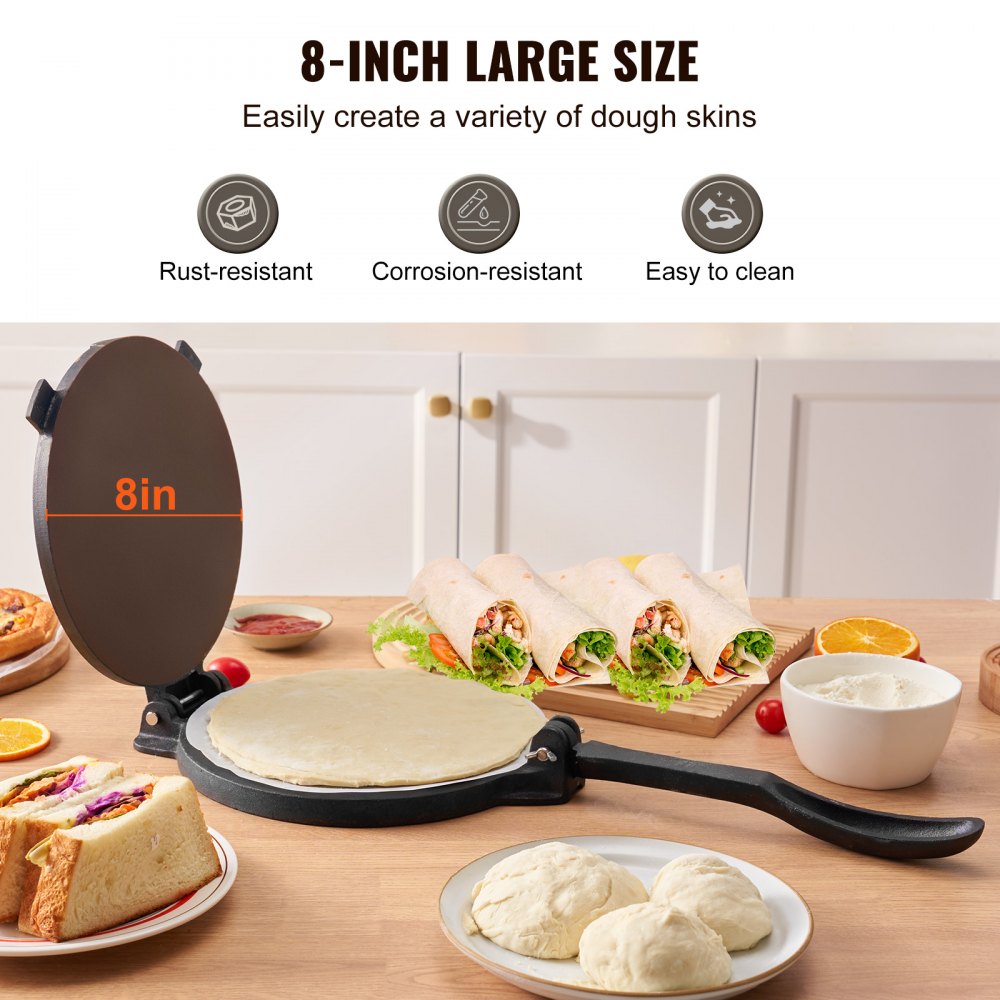VEVOR Prensa para Tortillas de Hierro Fundido Prensa para Tacos 20 cm Máquina para Hacer Tortillas pre-sazonada con 100 Piezas de Papel Pergamino, Máquina para Masa para Tortillas de Harina, Negro