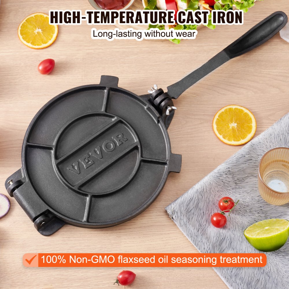 VEVOR Prensa para Tortillas de Hierro Fundido Prensa para Tacos 20 cm Máquina para Hacer Tortillas pre-sazonada con 100 Piezas de Papel Pergamino, Máquina para Masa para Tortillas de Harina, Negro