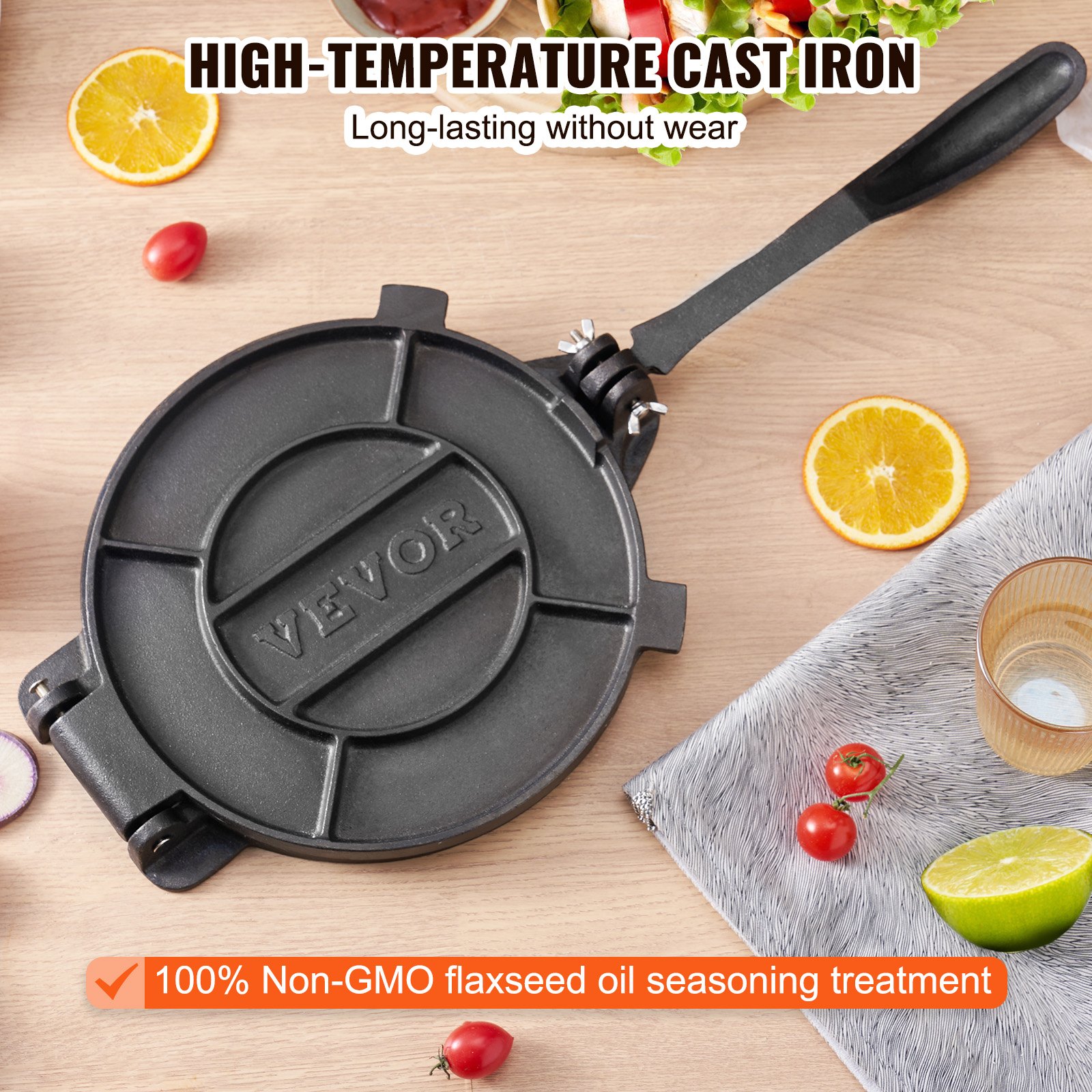 VEVOR Prensa para Tortillas de Hierro Fundido Prensa para Tacos 20 cm Máquina para Hacer Tortillas pre-sazonada con 100 Piezas de Papel Pergamino, Máquina para Masa para Tortillas de Harina, Negro