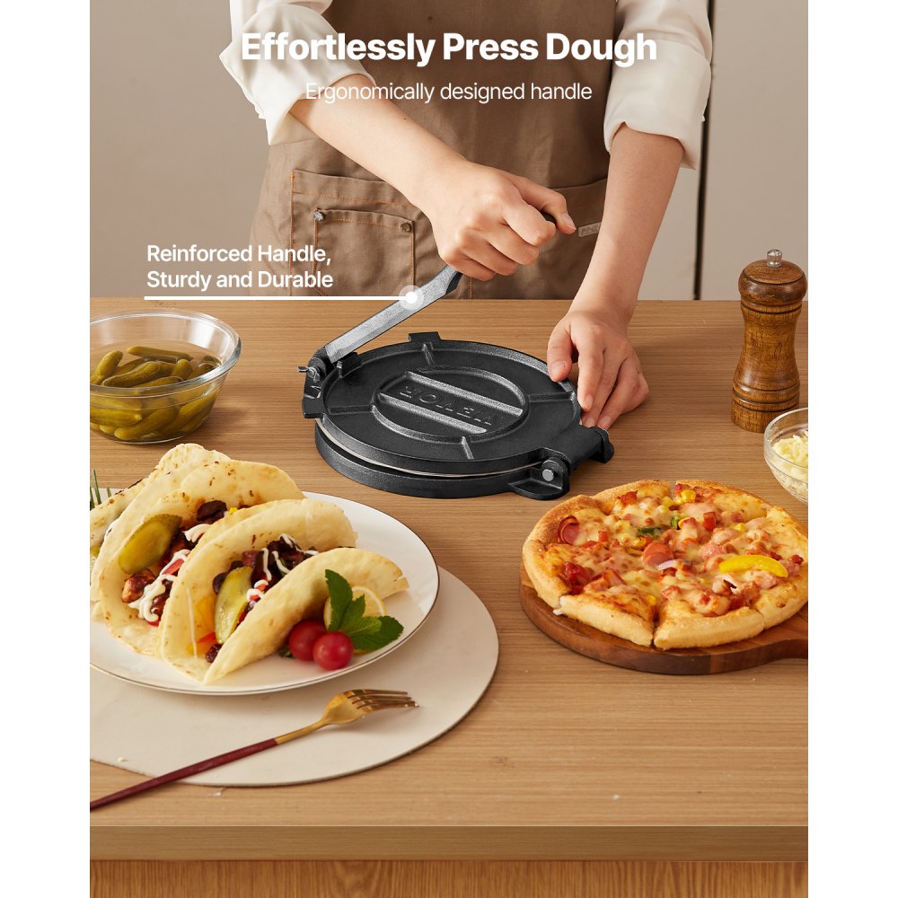 VEVOR Prensa para Tortillas, de Hierro Fundido de 25 cm, con Asa y 100 Hojas de Papel Pergamino, para Masa de Tacos y Tortillas de Harina, Construcción de Servicio Pesado, 310 x 248 x 130 mm