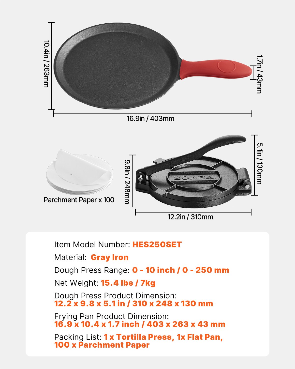VEVOR Prensa para Tortillas, de Hierro Fundido de 25 cm, con Asa y 100 Hojas de Papel Pergamino, para Masa de Tacos y Tortillas de Harina, Construcción de Servicio Pesado, 310 x 248 x 130 mm