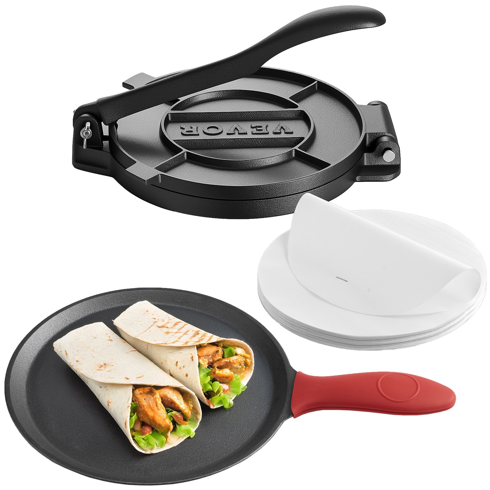VEVOR Prensa para Tortillas, de Hierro Fundido de 25 cm, con Asa y 100 Hojas de Papel Pergamino, para Masa de Tacos y Tortillas de Harina, Construcción de Servicio Pesado, 310 x 248 x 130 mm