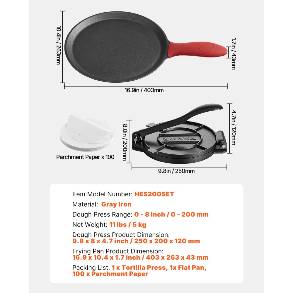 VEVOR Prensa para Tortillas de Hierro Fundido de 200 mm, Resistente, con Asa y 100 Hojas de Papel Pergamino, para Masa de Tacos y Tortillas de Harina, 250 x 200 x 120 mm, Fácil de Usar, Gris
