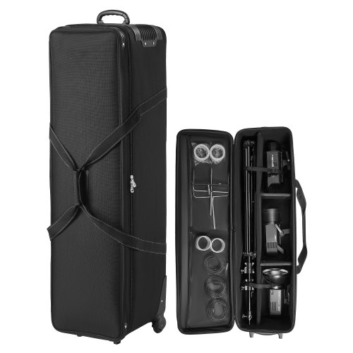 VEVOR Estuche con Ruedas para Equipo de Estudio 131 x 36,5 x 38 cm, Bolsa con Ruedas para Cámara, Correas, Asa Acolchada en el Compartimento para Soportes de Iluminación, Trípodes y Telescopios