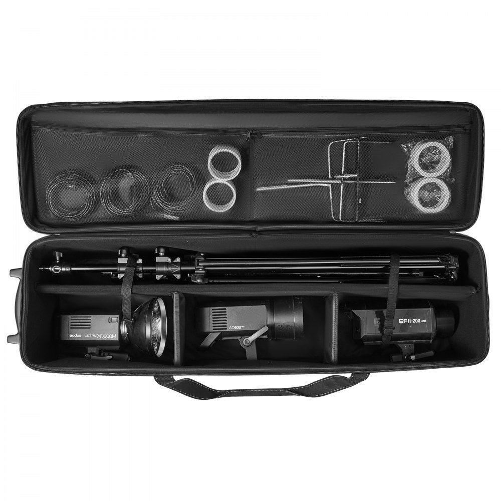 VEVOR Estuche con Ruedas para Equipo de Estudio 131 x 36,5 x 38 cm, Bolsa con Ruedas para Cámara, Correas, Asa Acolchada en el Compartimento para Soportes de Iluminación, Trípodes y Telescopios