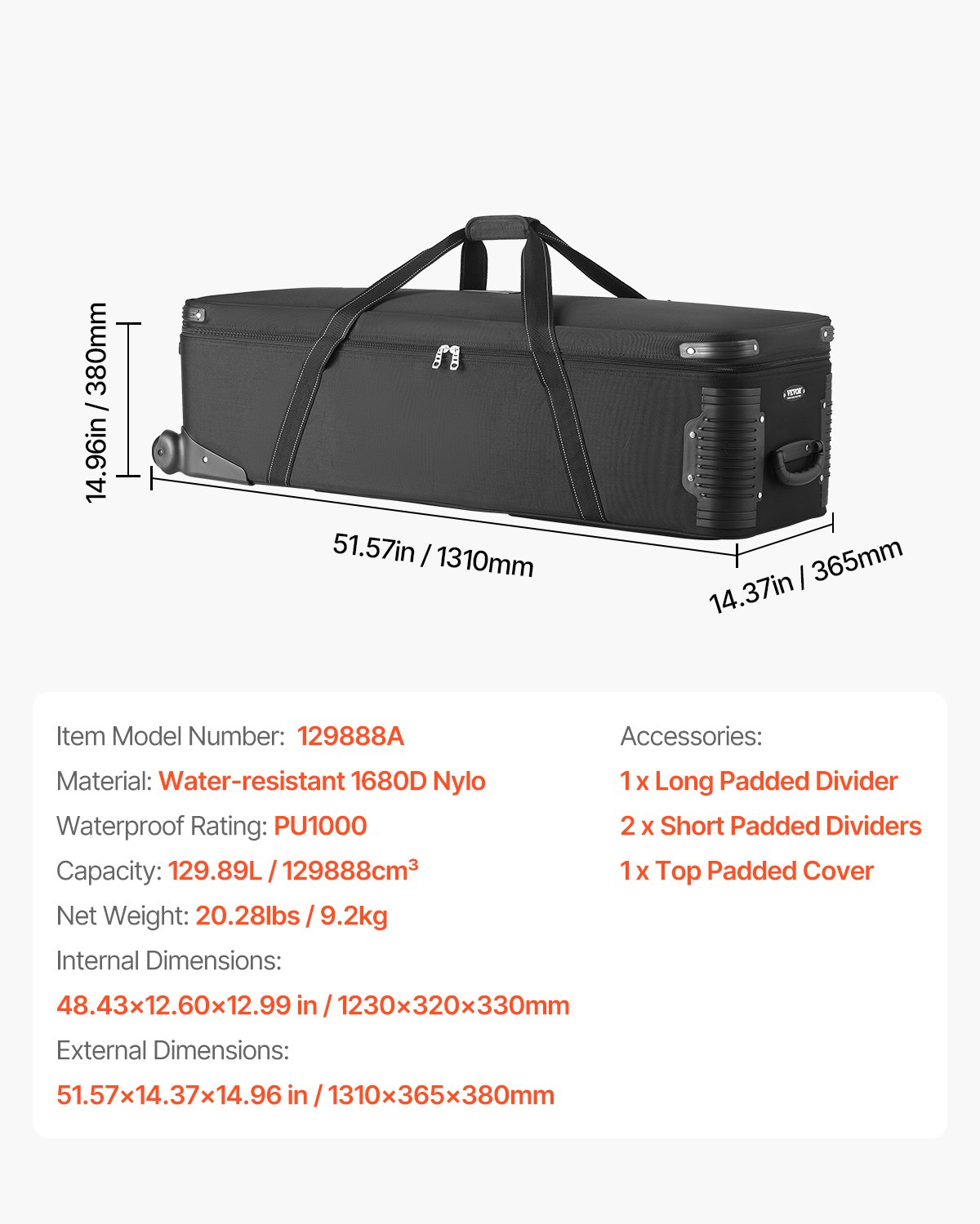 VEVOR Estuche con Ruedas para Equipo de Estudio 131 x 36,5 x 38 cm, Bolsa con Ruedas para Cámara, Correas, Asa Acolchada en el Compartimento para Soportes de Iluminación, Trípodes y Telescopios