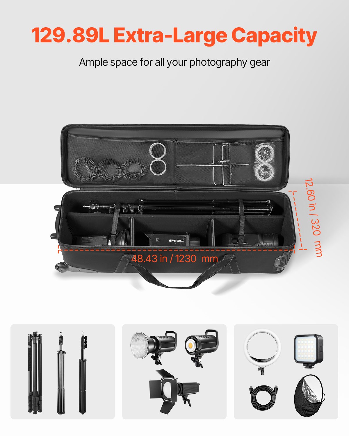 VEVOR Estuche con Ruedas para Equipo de Estudio 131 x 36,5 x 38 cm, Bolsa con Ruedas para Cámara, Correas, Asa Acolchada en el Compartimento para Soportes de Iluminación, Trípodes y Telescopios