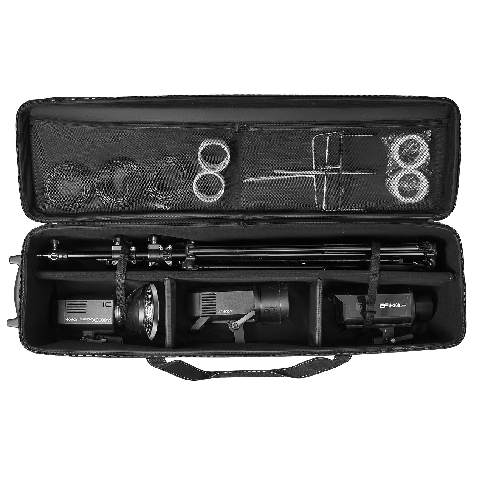 VEVOR Estuche con Ruedas para Equipo de Estudio 131 x 36,5 x 38 cm, Bolsa con Ruedas para Cámara, Correas, Asa Acolchada en el Compartimento para Soportes de Iluminación, Trípodes y Telescopios
