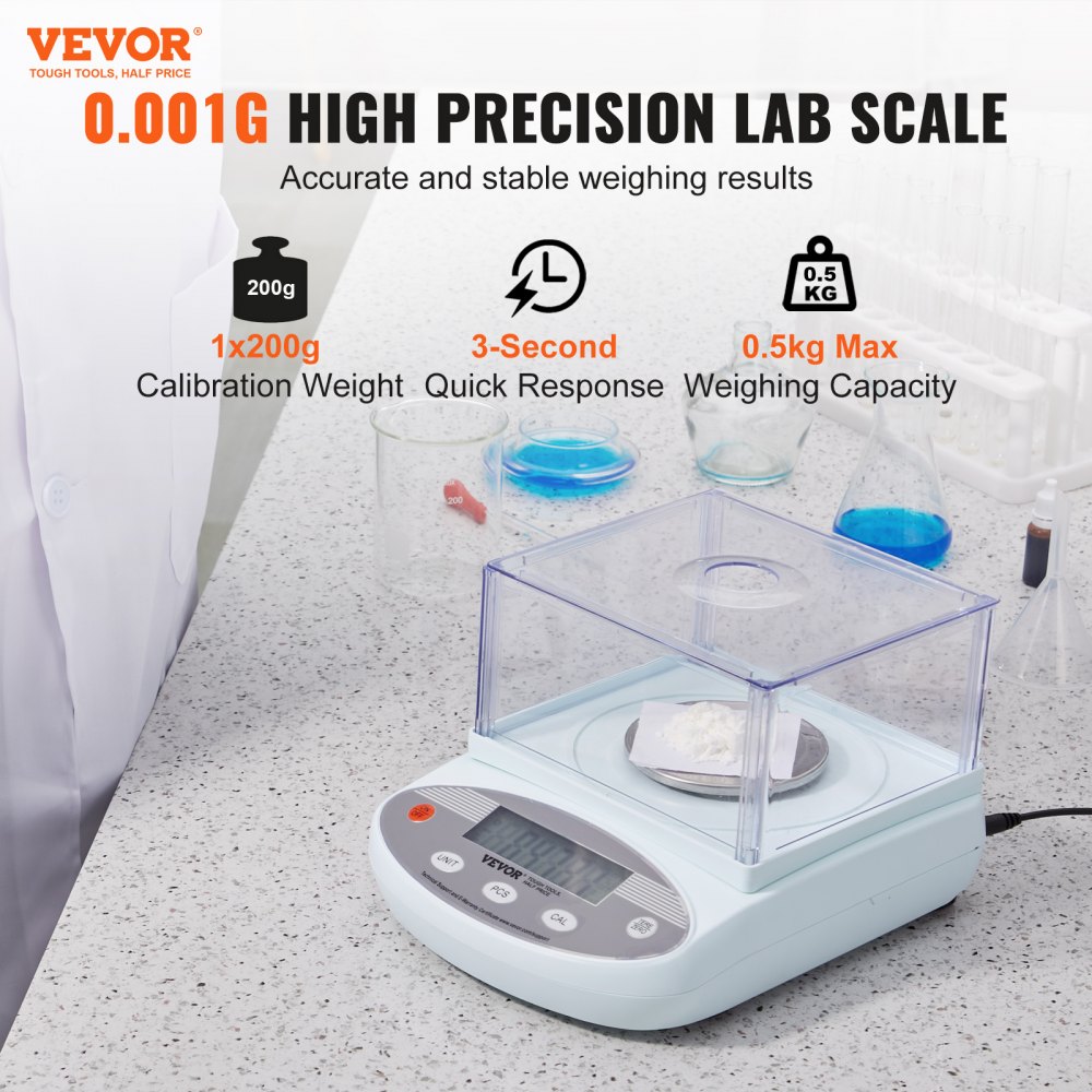 VEVOR Báscula Analítica Digital 500g x 0,001g Báscula de Laboratorio de Alta Precisión con 13 Unidades de Conversión Báscula Electrónica de Laboratorio Científico, Pantalla LCD, para Joyería