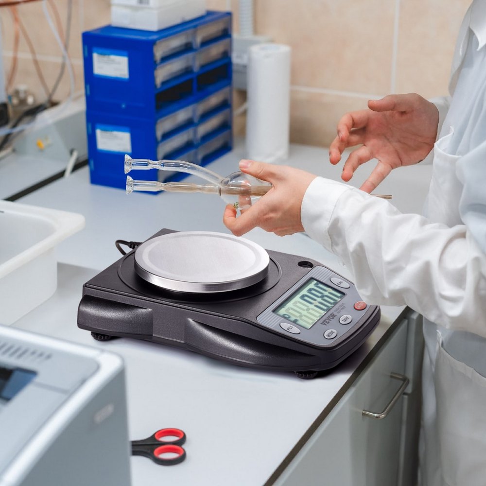 VEVOR Balanza Analítica 600g x 0,01g Balanza de Laboratorio de Alta Precisión Balanza Electrónica de Conversión de 6 Unidades Báscula de Pesaje de Joyas Digitales de Laboratorio de Pantalla LCD