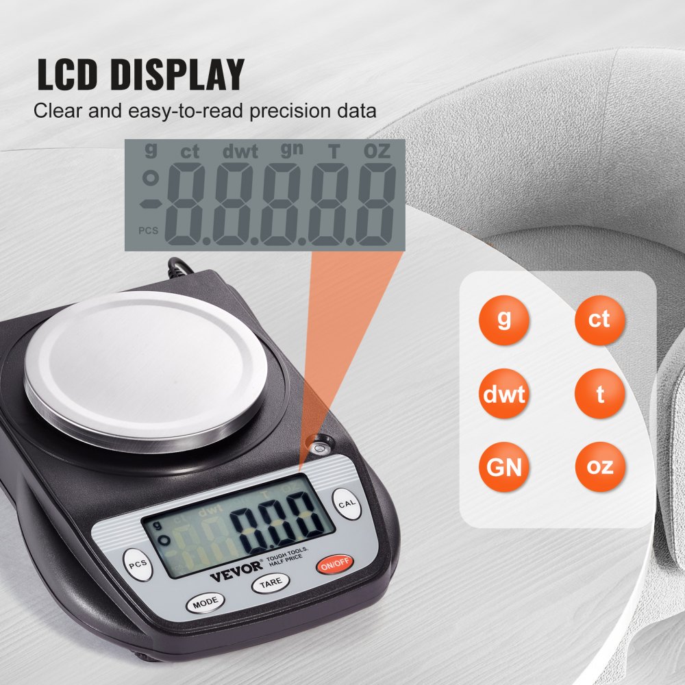 VEVOR Balanza Analítica 600g x 0,01g Balanza de Laboratorio de Alta Precisión Balanza Electrónica de Conversión de 6 Unidades Báscula de Pesaje de Joyas Digitales de Laboratorio de Pantalla LCD
