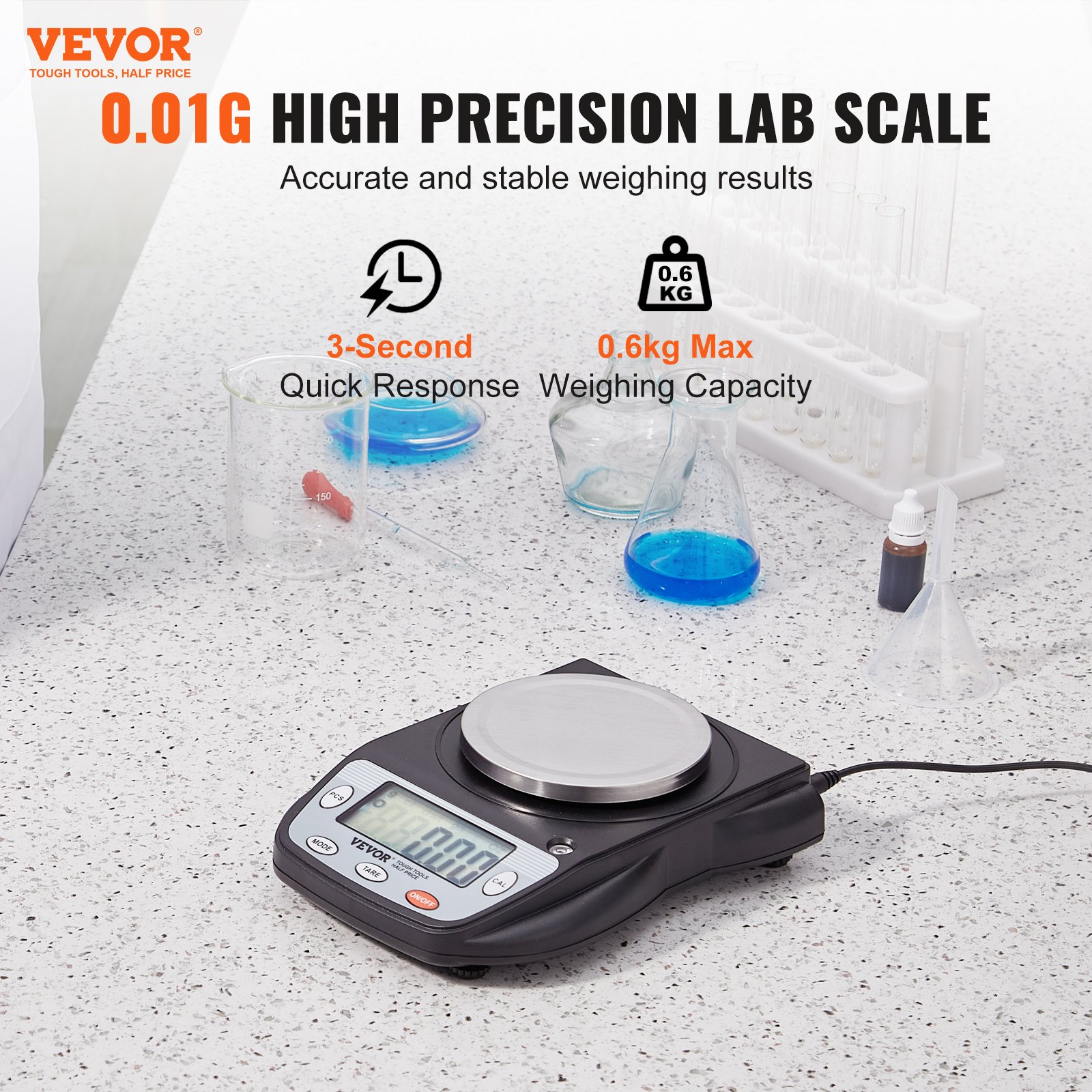 VEVOR Balanza Analítica 600g x 0,01g Balanza de Laboratorio de Alta Precisión Balanza Electrónica de Conversión de 6 Unidades Báscula de Pesaje de Joyas Digitales de Laboratorio de Pantalla LCD