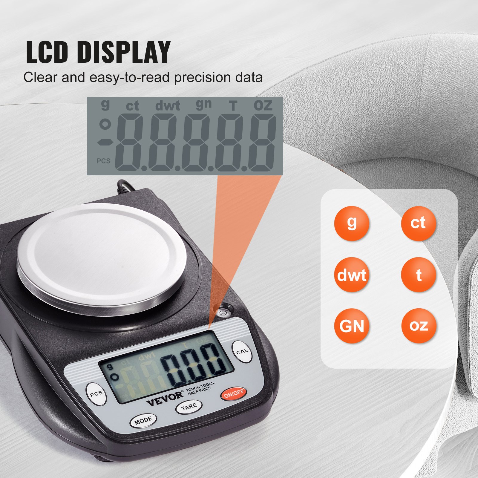 VEVOR Balanza Analítica 600g x 0,01g Balanza de Laboratorio de Alta Precisión Balanza Electrónica de Conversión de 6 Unidades Báscula de Pesaje de Joyas Digitales de Laboratorio de Pantalla LCD