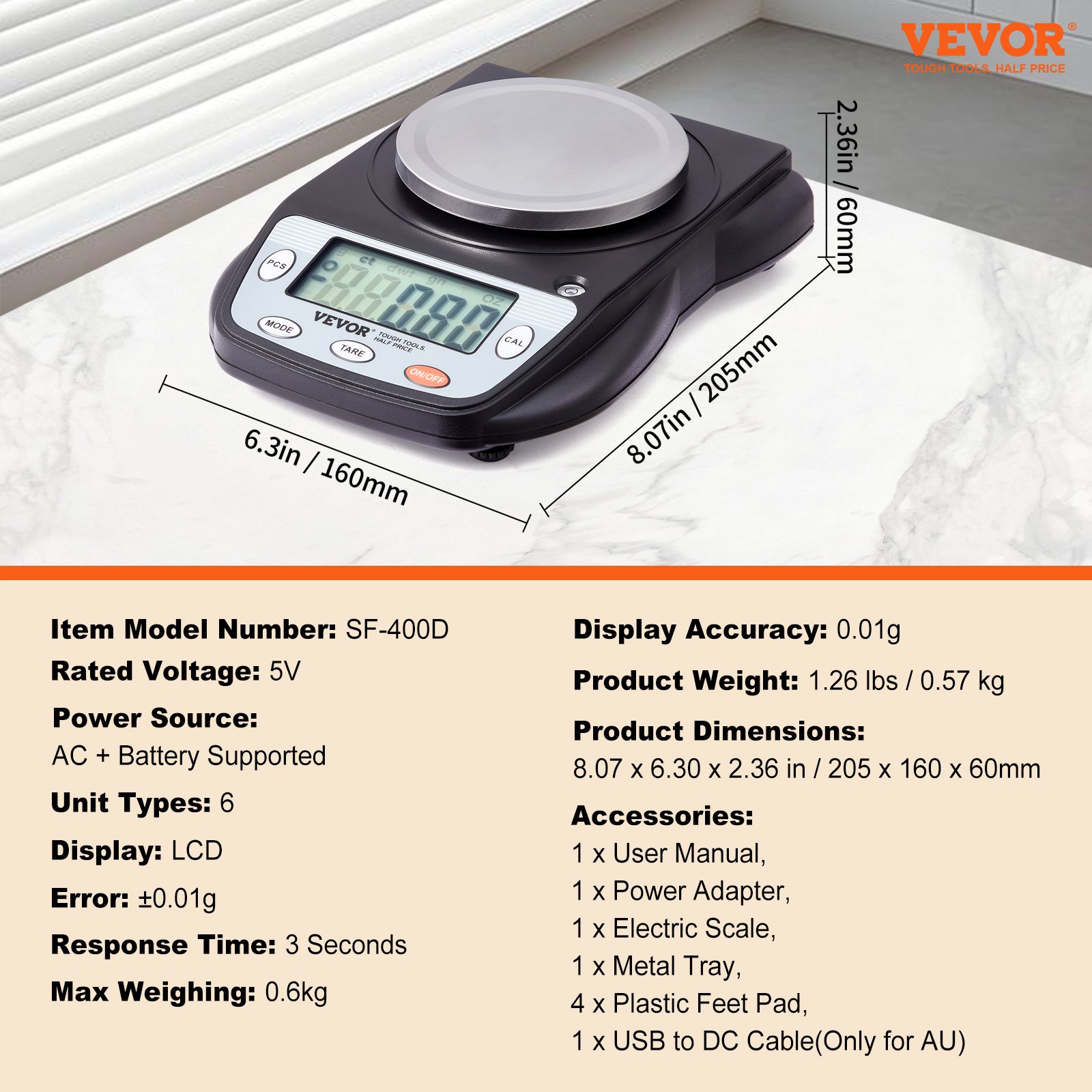 VEVOR Balanza Analítica 600g x 0,01g Balanza de Laboratorio de Alta Precisión Balanza Electrónica de Conversión de 6 Unidades Báscula de Pesaje de Joyas Digitales de Laboratorio de Pantalla LCD