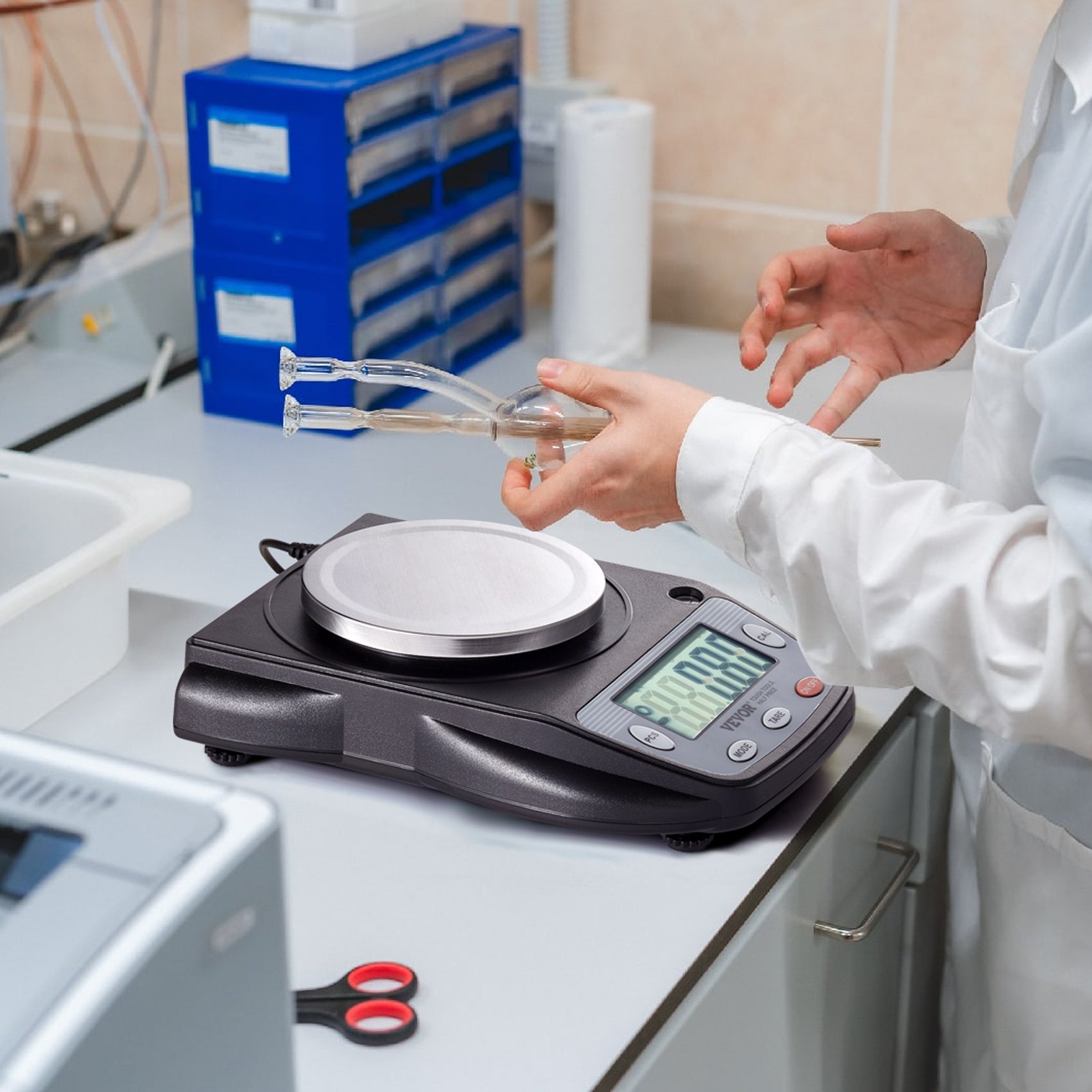 VEVOR Balanza Analítica 600g x 0,01g Balanza de Laboratorio de Alta Precisión Balanza Electrónica de Conversión de 6 Unidades Báscula de Pesaje de Joyas Digitales de Laboratorio de Pantalla LCD