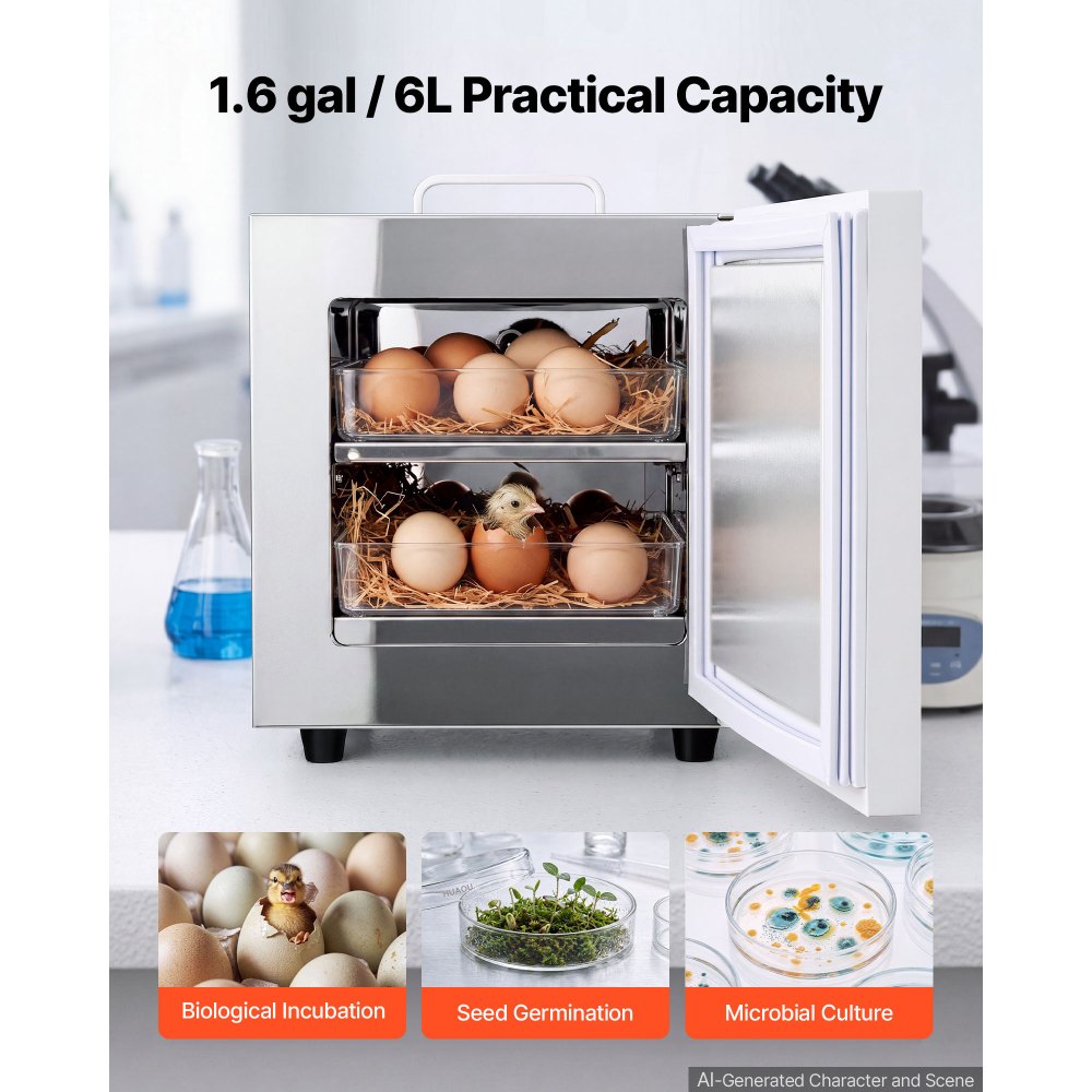 VEVOR Incubadora de Laboratorio 6 Litros Incubadora Microbiológica Portátil, para Placas de Petri, Huevos, Control de Temperatura +5℃-65℃, Pantalla Digital, para Estudios, Investigaciones, Educación