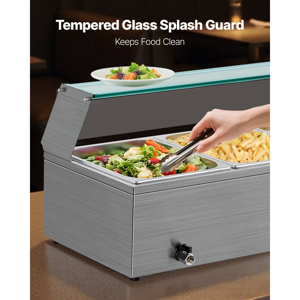 VEVOR Calentador de Alimentos Eléctrico de Acero Inoxidable de 1500 W con Vapor y Cubierta de Vidrio, 3 Bandejas para Buffet de Encimera, Baño María con Cucharones, para Catering, Restaurantes