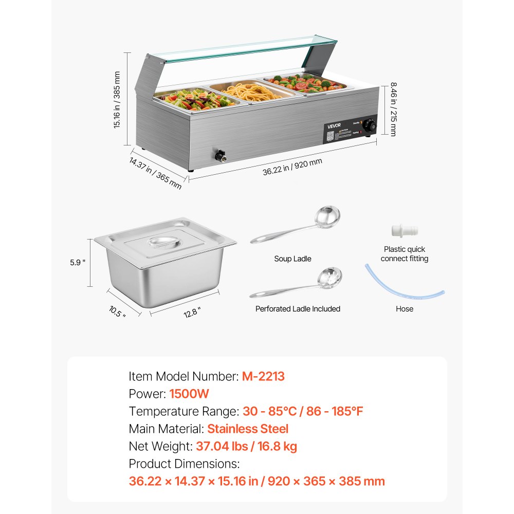 VEVOR Calentador de Alimentos Eléctrico de Acero Inoxidable de 1500 W con Vapor y Cubierta de Vidrio, 3 Bandejas para Buffet de Encimera, Baño María con Cucharones, para Catering, Restaurantes