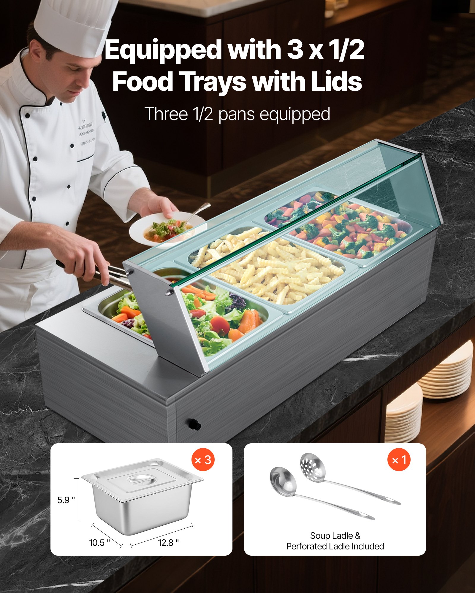 VEVOR Calentador de Alimentos Eléctrico de Acero Inoxidable de 1500 W con Vapor y Cubierta de Vidrio, 3 Bandejas para Buffet de Encimera, Baño María con Cucharones, para Catering, Restaurantes