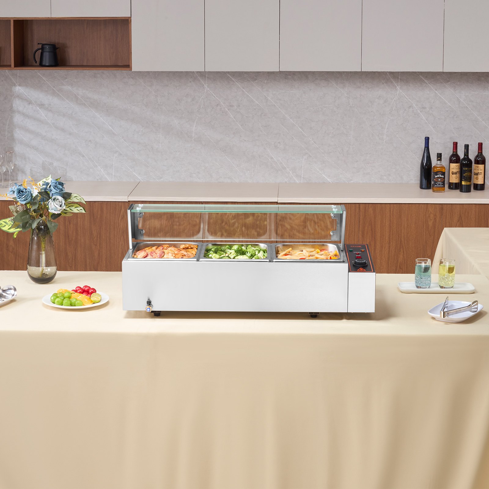 VEVOR Calentador de alimentos comercial de 3 sartenes, mesa de vapor eléctrica de 3 x 8 qt con cubierta de vidrio, 1500 W, encimera de acero inoxidable, control de temperatura de 86-185 °F para catering, restaurantes, plateado