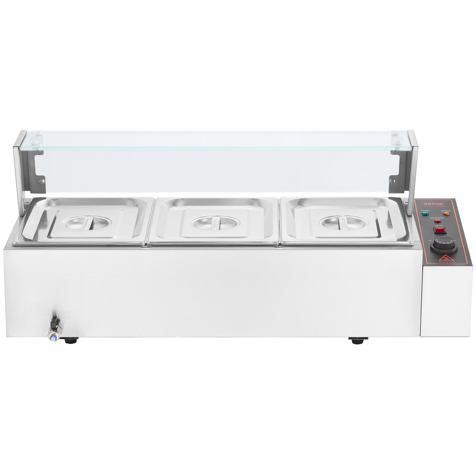 VEVOR Calentador de alimentos comercial de 3 sartenes, mesa de vapor eléctrica de 3 x 8 qt con cubierta de vidrio, 1500 W, encimera de acero inoxidable, control de temperatura de 86-185 °F para catering, restaurantes, plateado