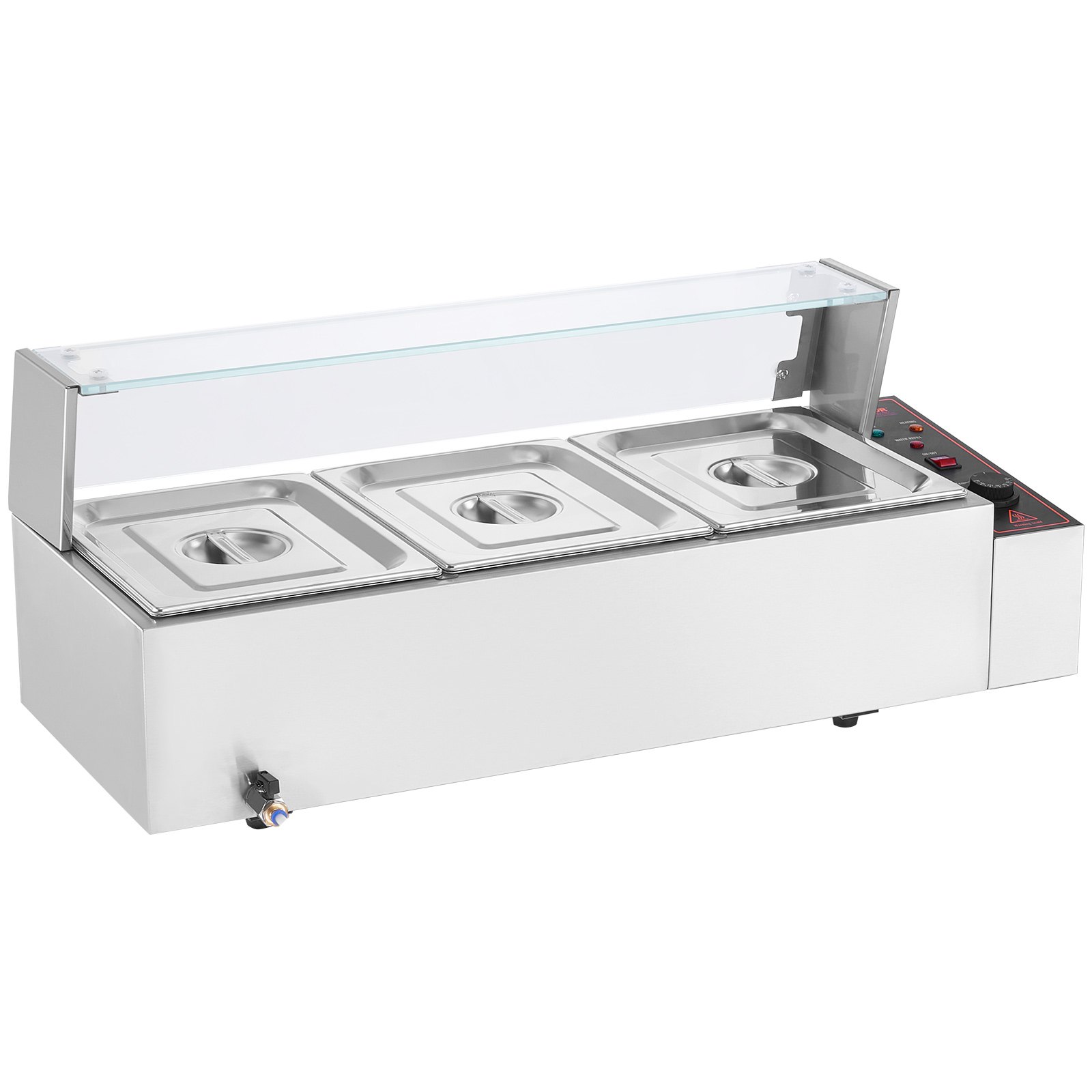 VEVOR Commercial Food Warmer with 3 Containers (8 Qt), Electric Steam Table with Glass Cover, 1500 W Stainless Steel Worktop, Buffet Bain-Marie, 30-85°C Temperature Control for Catering