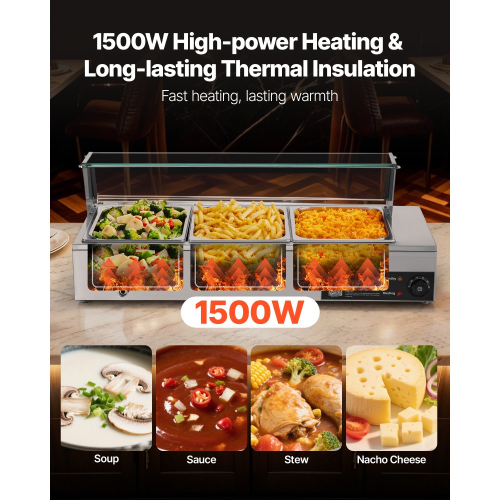 VEVOR Calentador de Alimentos, Tapa de Vidrio y 3 Recipientes,1,5 kW, Acero Inoxidable, Baño María, Estación de Calentamiento de Alimentos para Restaurantes, Fiestas y Buffets, 920 x 365 x 335 mm