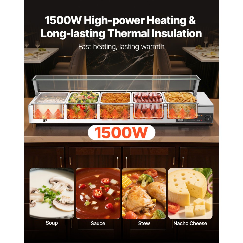 VEVOR Calentador de Alimentos Eléctrica, con Tapa de Vidrio y 5 Recipientes, 1,5 kW, de Acero Inoxidable, con Baño María, para Restaurantes, Fiestas y Bufés, 30-85 ℃, 1450 x 365 x 335 mm, Plata