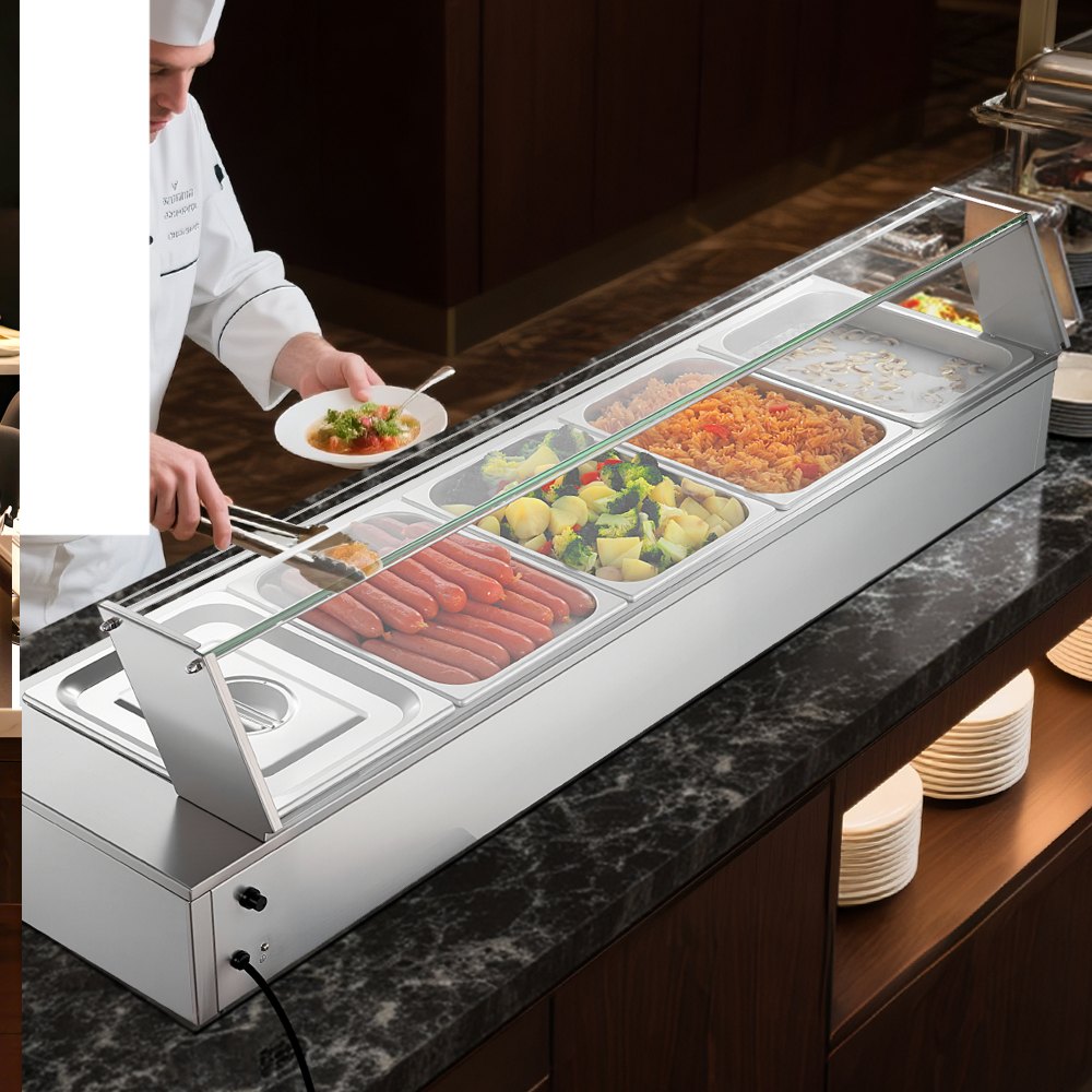 VEVOR Calentador de Alimentos Eléctrica, con Tapa de Vidrio y 5 Recipientes, 1,5 kW, de Acero Inoxidable, con Baño María, para Restaurantes, Fiestas y Bufés, 30-85 ℃, 1450 x 365 x 335 mm, Plata