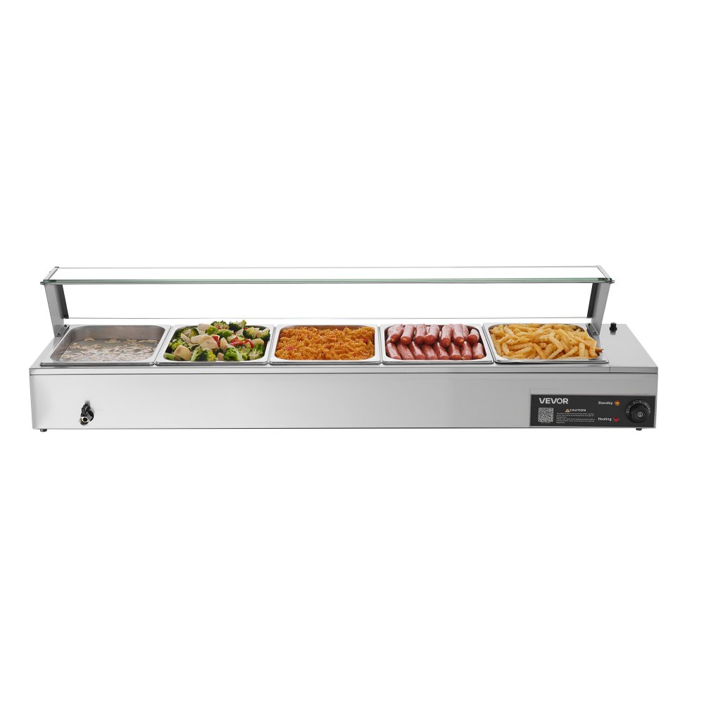 VEVOR Calentador de Alimentos Eléctrica, con Tapa de Vidrio y 5 Recipientes, 1,5 kW, de Acero Inoxidable, con Baño María, para Restaurantes, Fiestas y Bufés, 30-85 ℃, 1450 x 365 x 335 mm, Plata