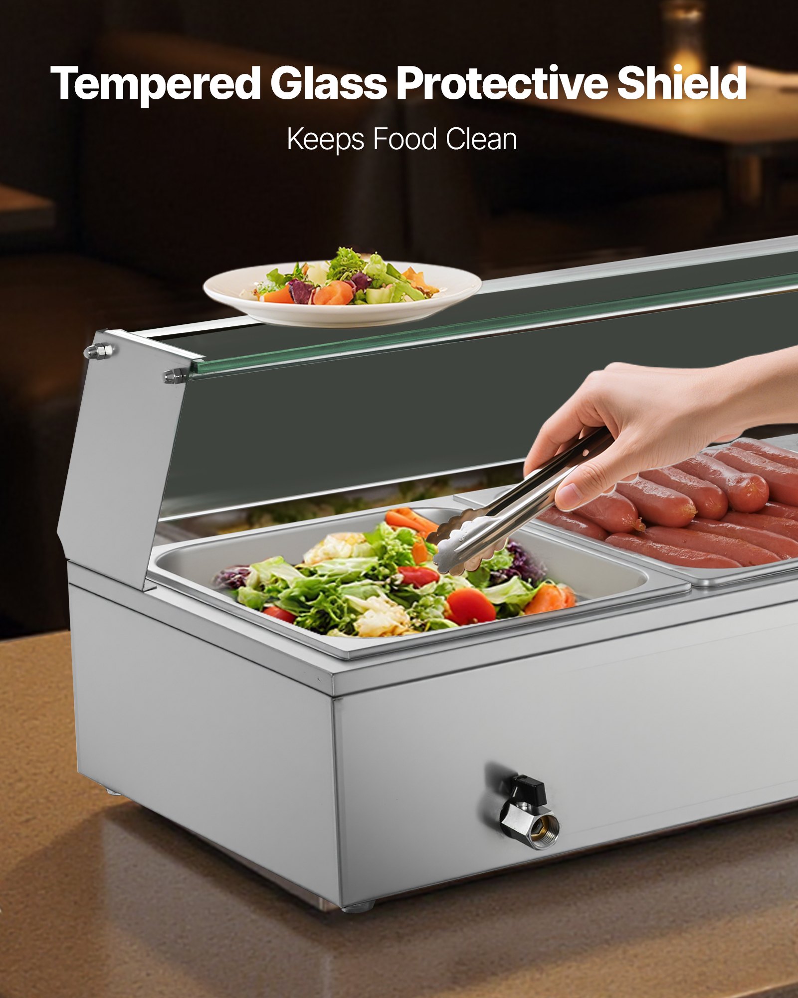 VEVOR Calentador de Alimentos Eléctrica, con Tapa de Vidrio y 5 Recipientes, 1,5 kW, de Acero Inoxidable, con Baño María, para Restaurantes, Fiestas y Bufés, 30-85 ℃, 1450 x 365 x 335 mm, Plata