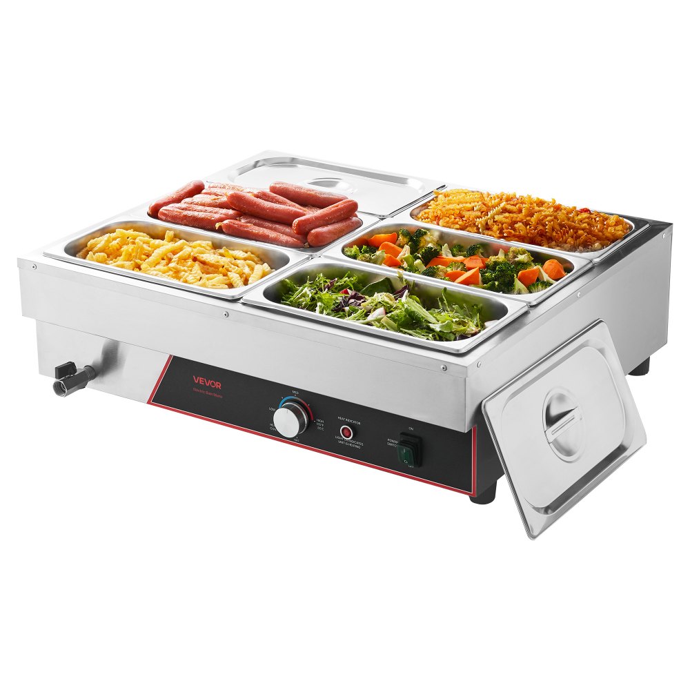 VEVOR Calentador de Alimento, con 6 Recipientes de 1/3 de Tamaño y Cable de Alimentación, de Acero Inoxidable, 1500 W, por Baño María, para Restaurantes, Fiestas y Buffets, 690 x 570 x 220 mm