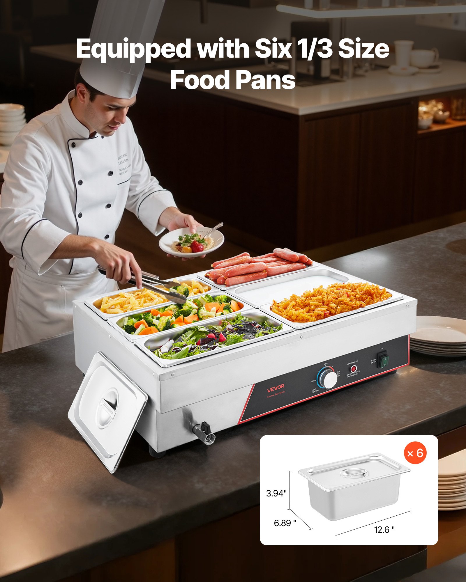 VEVOR Calentador de Alimento, con 6 Recipientes de 1/3 de Tamaño y Cable de Alimentación, de Acero Inoxidable, 1500 W, por Baño María, para Restaurantes, Fiestas y Buffets, 690 x 570 x 220 mm