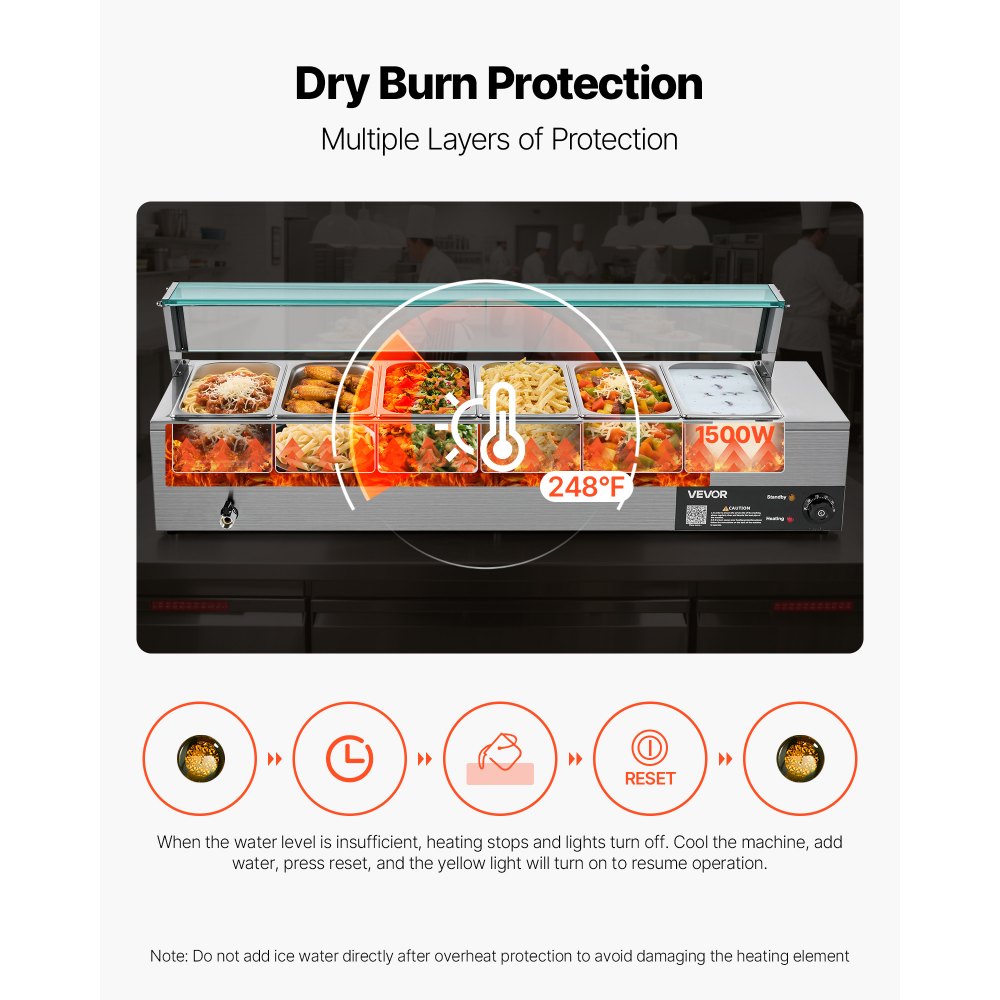 VEVOR Calentador de Alimentos 1500 W, Eléctrico, Acero Inoxidable, con Vapor y Tapa de Cristal, 6 Bandejas de 1/3 de Tamaño, para Bufé, para Catering, Restaurantes y Fiestas, 1185 x 365 x 385 mm