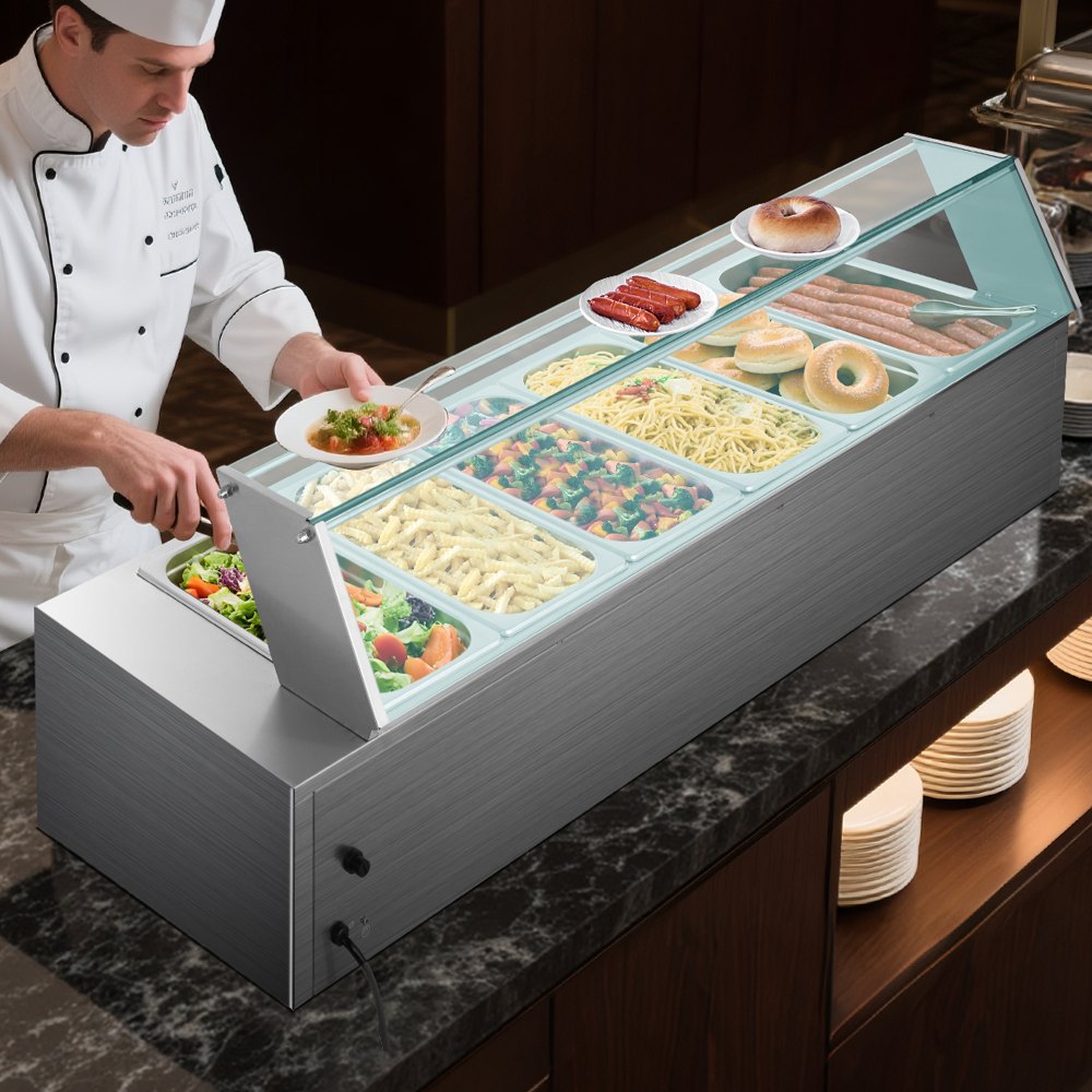 VEVOR Calentador de Alimentos 1500 W, Eléctrico, Acero Inoxidable, con Vapor y Tapa de Cristal, 6 Bandejas de 1/3 de Tamaño, para Bufé, para Catering, Restaurantes y Fiestas, 1185 x 365 x 385 mm