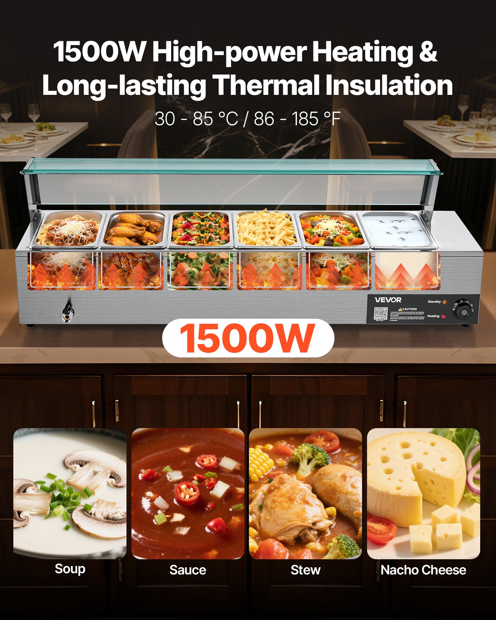 VEVOR Calentador de Alimentos 1500 W, Eléctrico, Acero Inoxidable, con Vapor y Tapa de Cristal, 6 Bandejas de 1/3 de Tamaño, para Bufé, para Catering, Restaurantes y Fiestas, 1185 x 365 x 385 mm