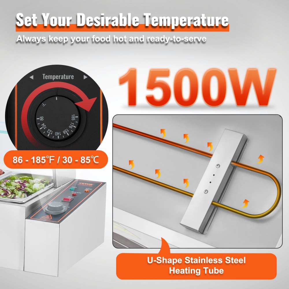 VEVOR Calentador de Alimentos Eléctrico 6 Sartenes 1197 x 406 x 382 mm 1500 W