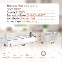 VEVOR Calentador de Alimentos Eléctrico 6 x 5 Cuartos 1197 x 406 x 382 mm 1500 W