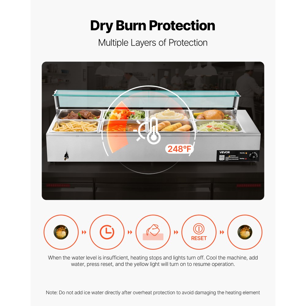VEVOR Calentador de Alimentos 1700 W, Eléctrico, de Acero Inoxidable, con Vapor y Tapa de Cristal, para 8 Sartenes, Baño María con Cucharones para Sopa y Perforados, 1430 x 570 x 385 mm, 30–85 ℃