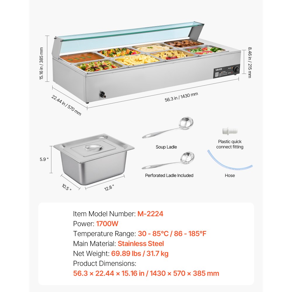 VEVOR Calentador de Alimentos 1700 W, Eléctrico, de Acero Inoxidable, con Vapor y Tapa de Cristal, para 8 Sartenes, Baño María con Cucharones para Sopa y Perforados, 1430 x 570 x 385 mm, 30–85 ℃